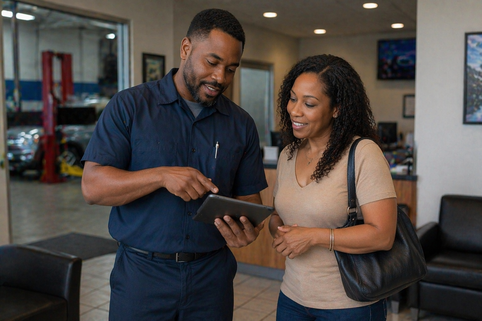 Exterior of a Detroit auto repair shop with open bay doors and cars parked outside on a clear day