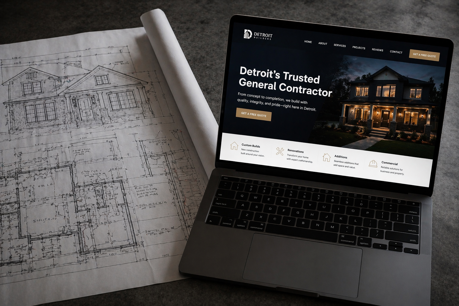 Diverse contractor team in hard hats standing confidently in front of a Detroit construction site