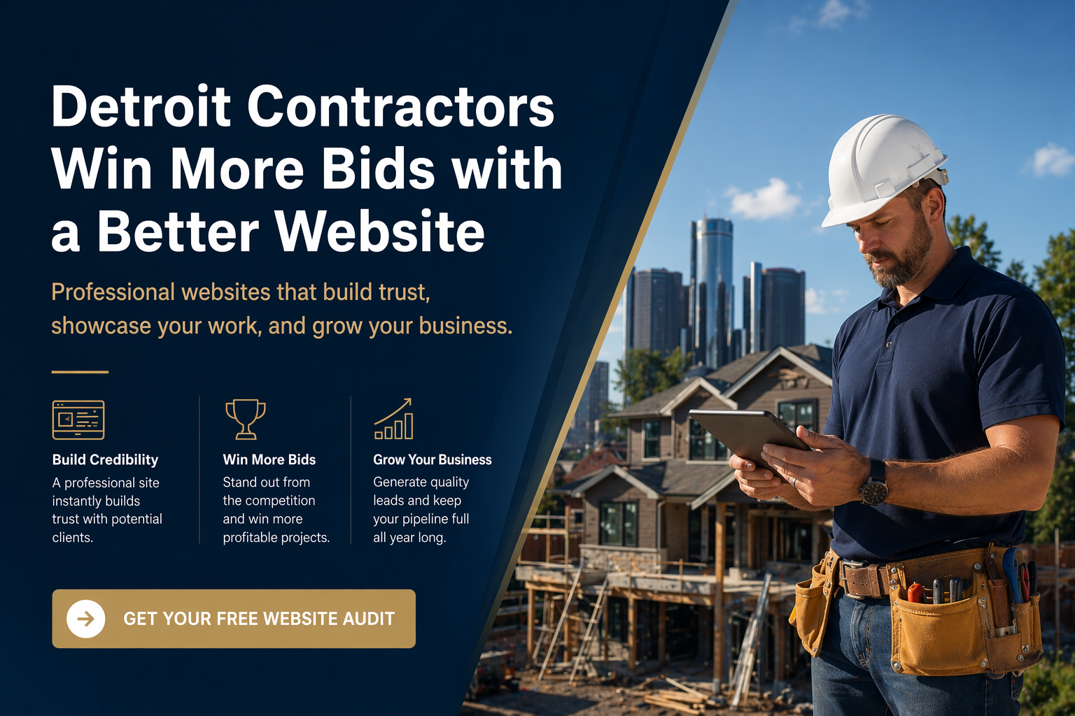 Contractor on a job site reviewing a laptop showing his business website while holding a smartphone