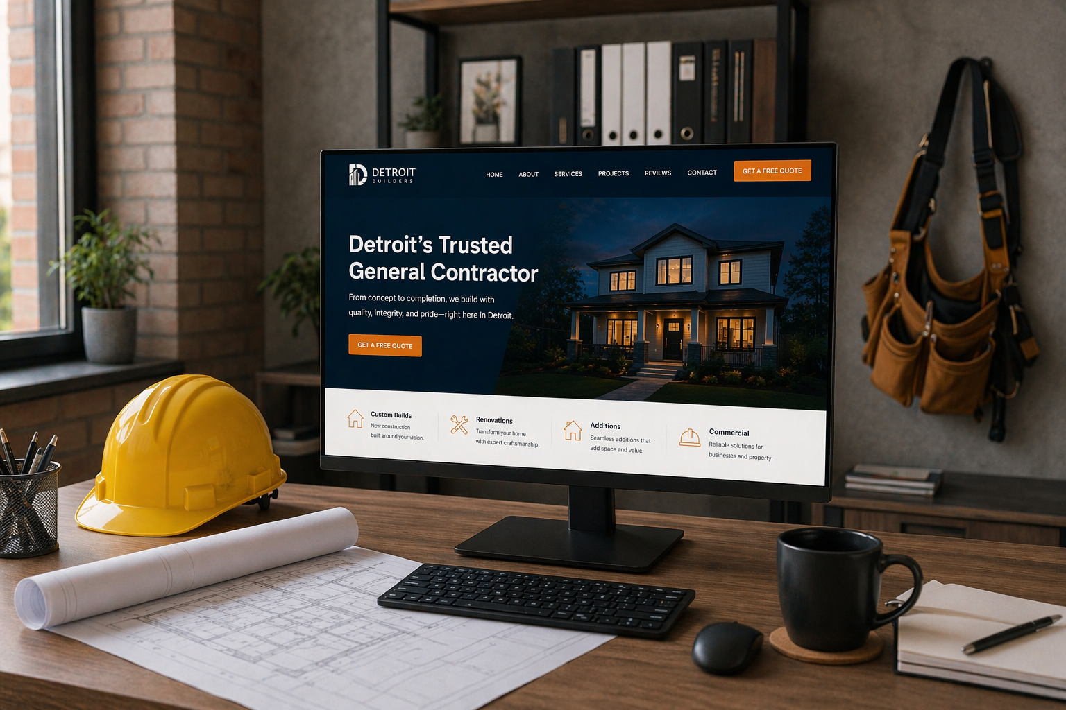 Modern contractor office desk with a monitor showing a professional contractor website alongside blueprints and a hard hat