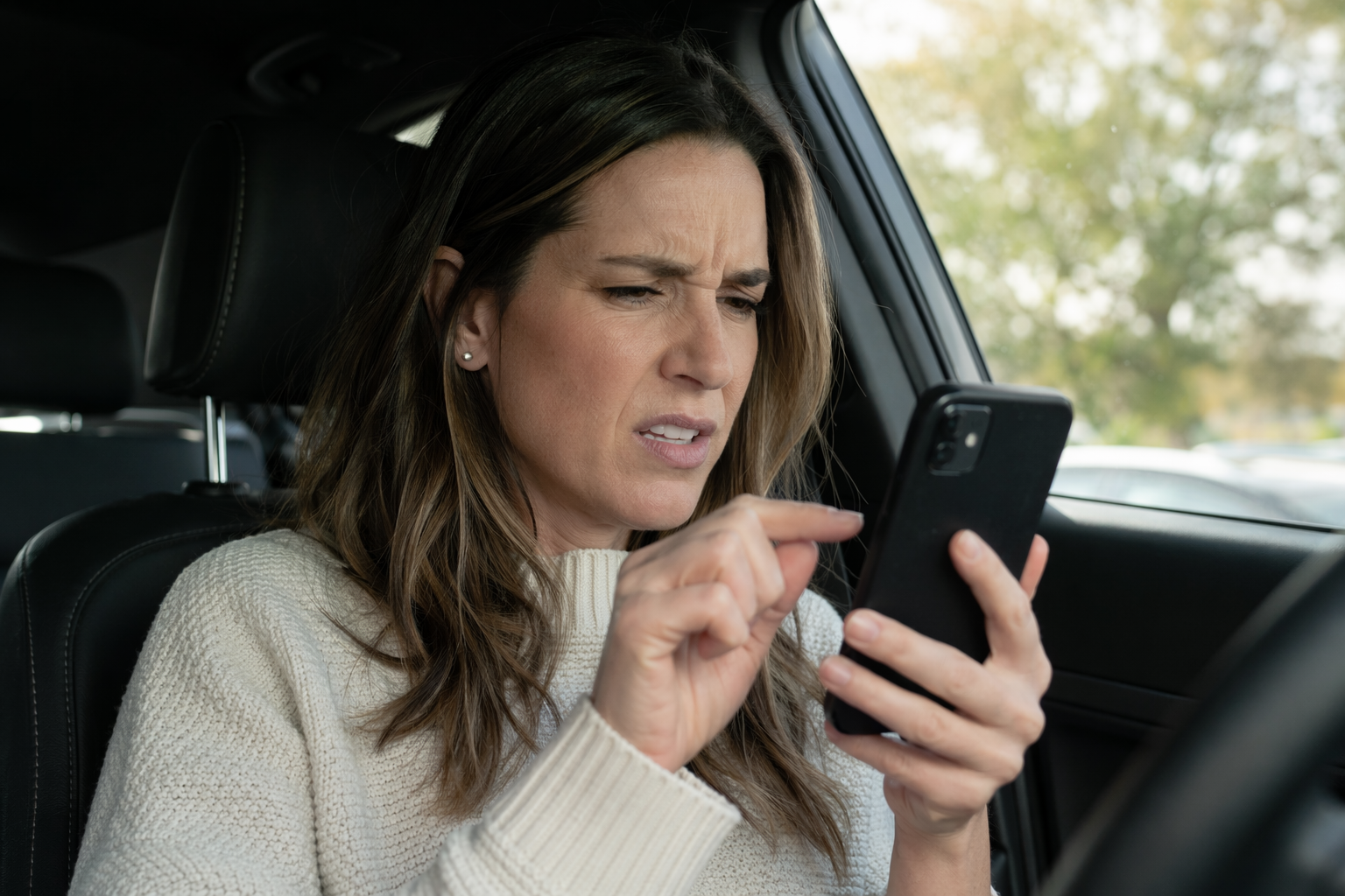 Frustrated woman on her phone trying to find a dentist in Detroit, sitting in a car with natural window light