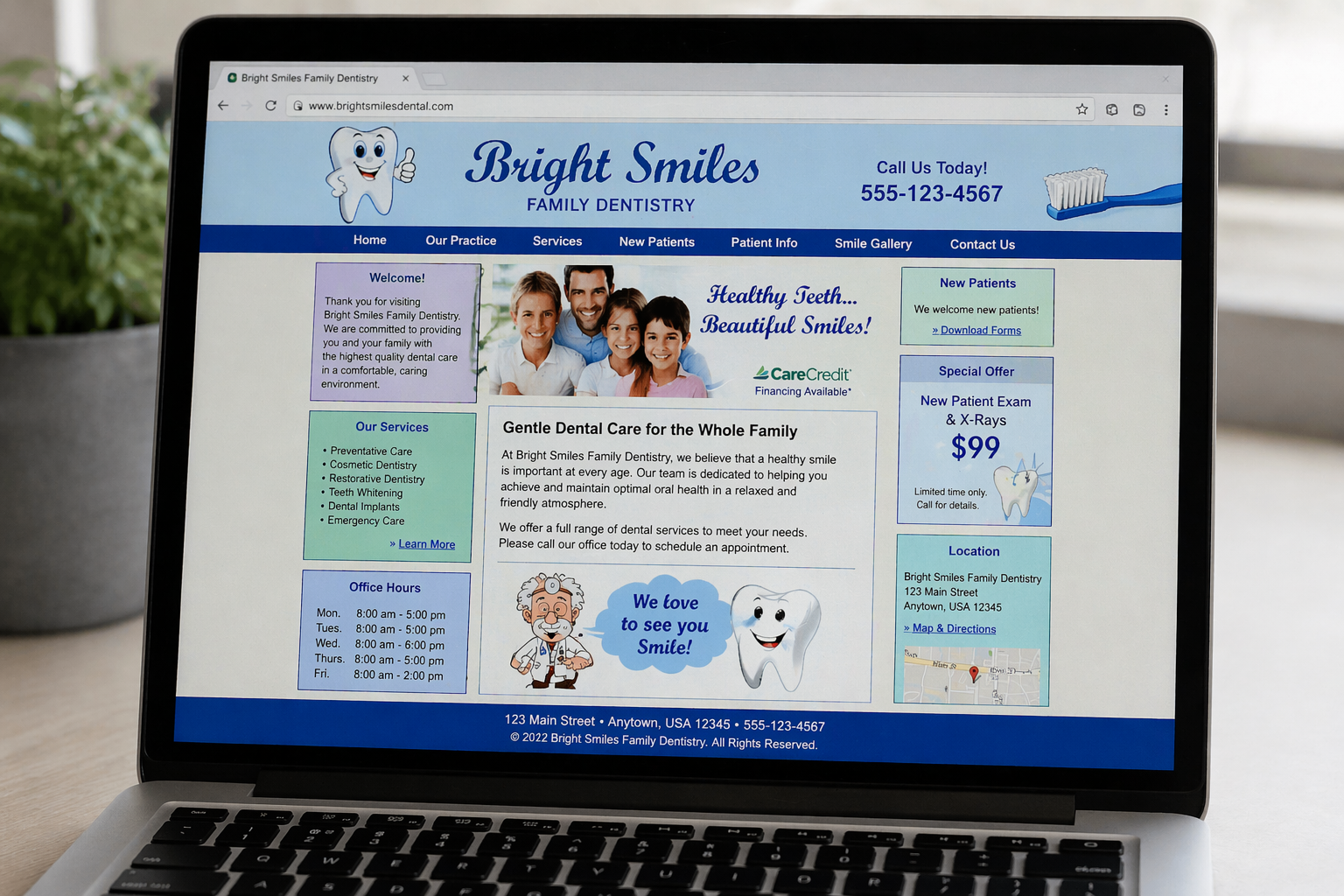 Laptop screen showing an outdated dental practice website with a cluttered layout and small fonts