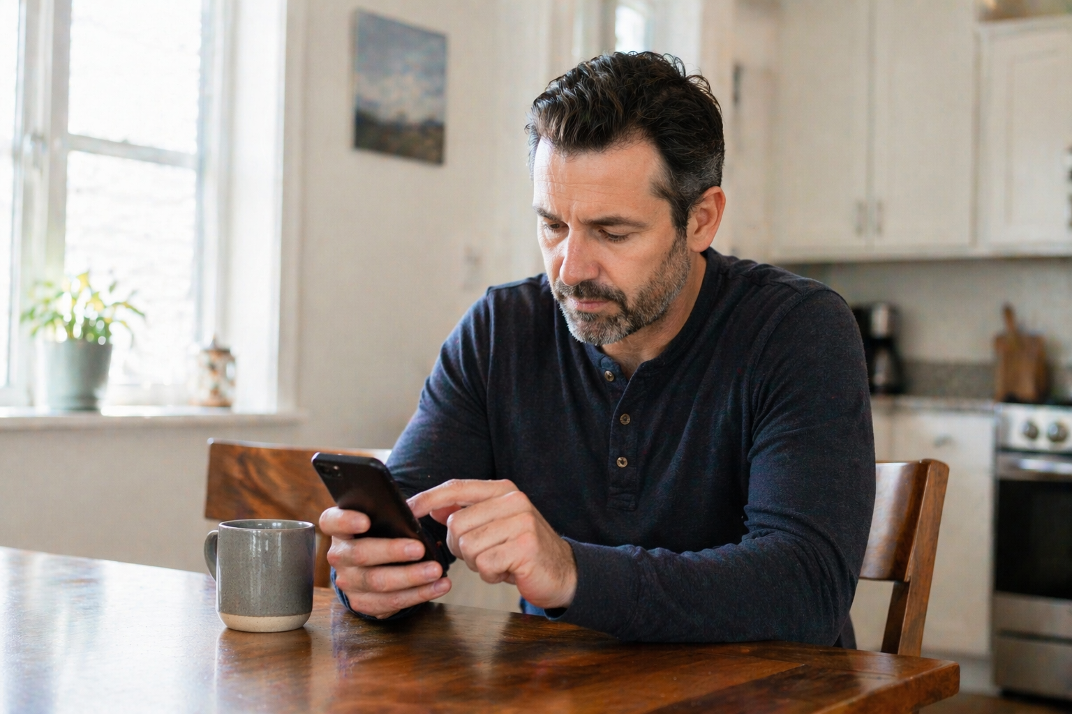 Man sitting at a kitchen table searching for a local dentist on his smartphone in the morning