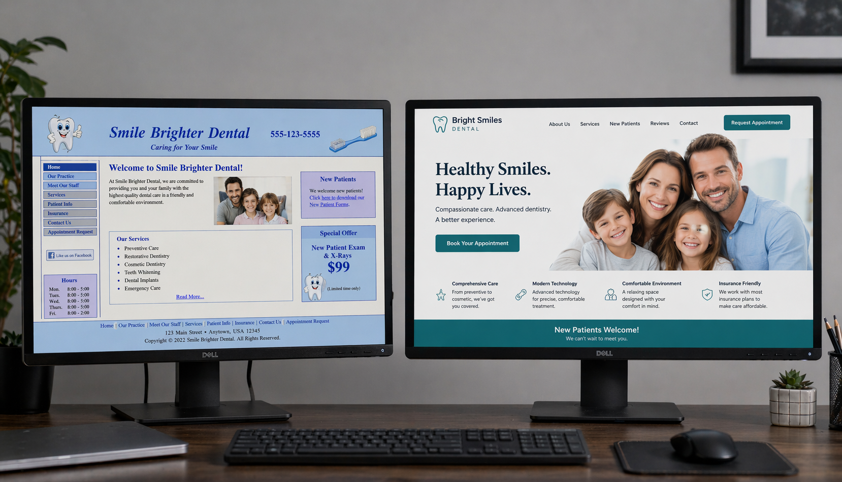 Two computer monitors side by side showing an old cluttered dental website next to a clean modern dental website design