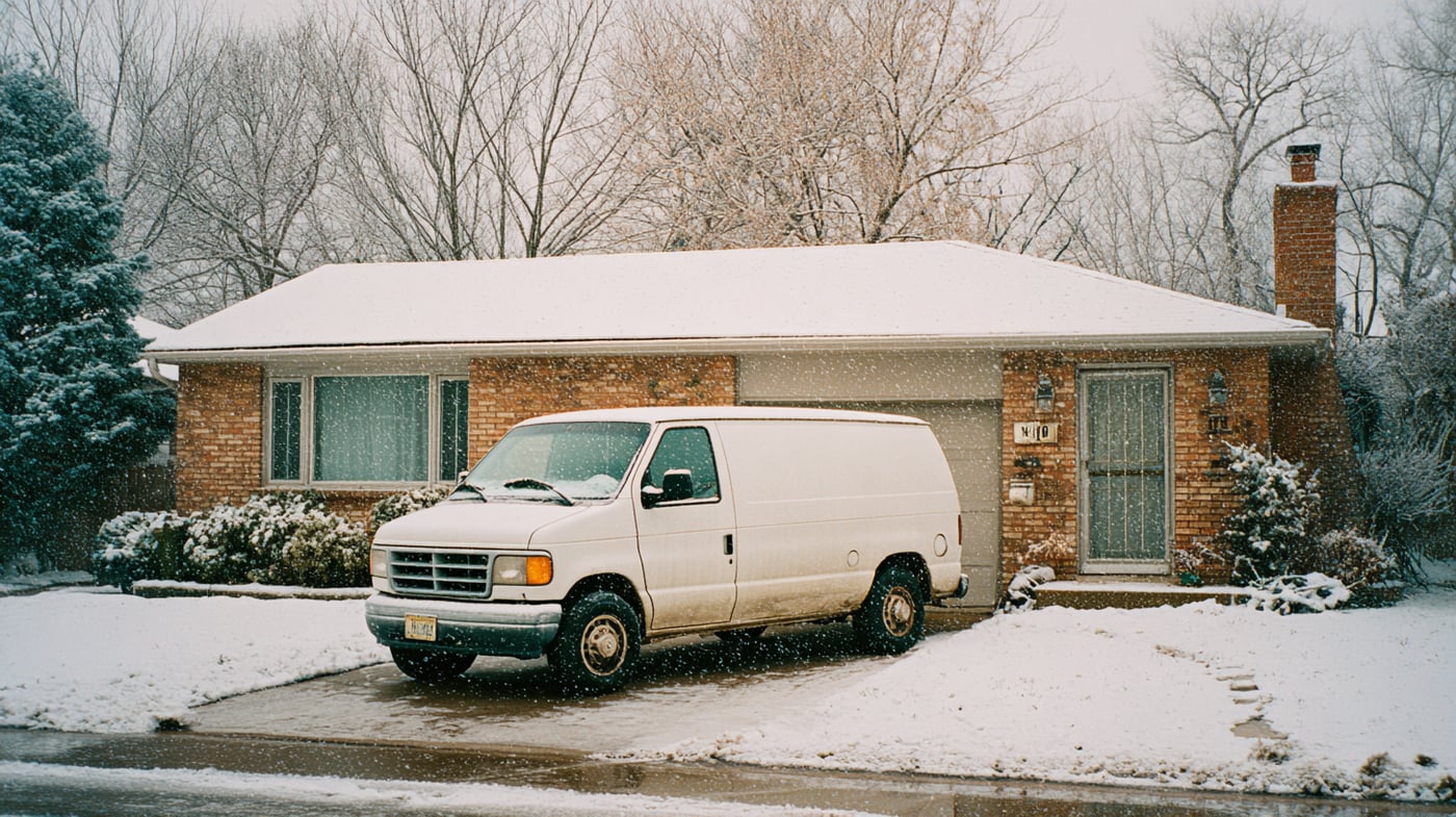 Metro Plumbing service van parked on a Detroit street in winter — licensed and insured